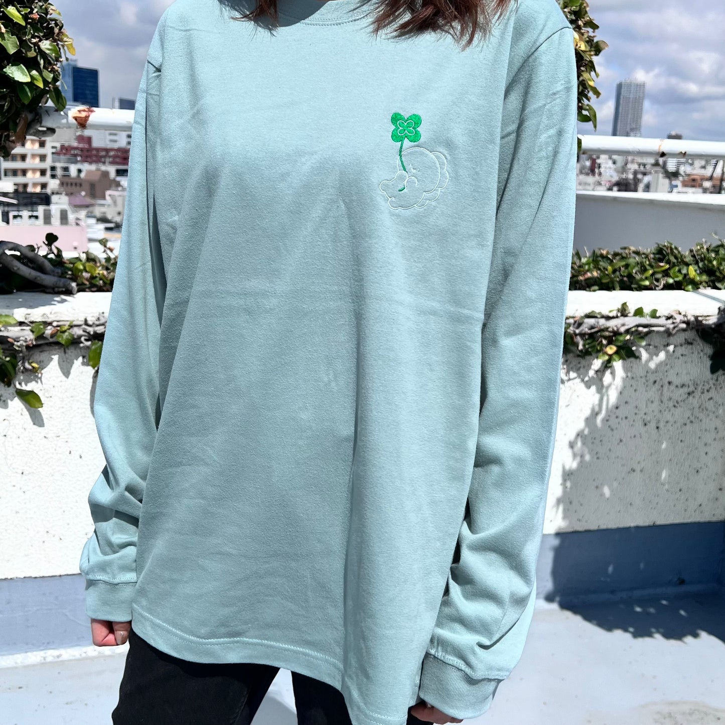 【困りザウルス】幸せのクローバー🍀刺繍長袖Tシャツ【5月中旬発送】