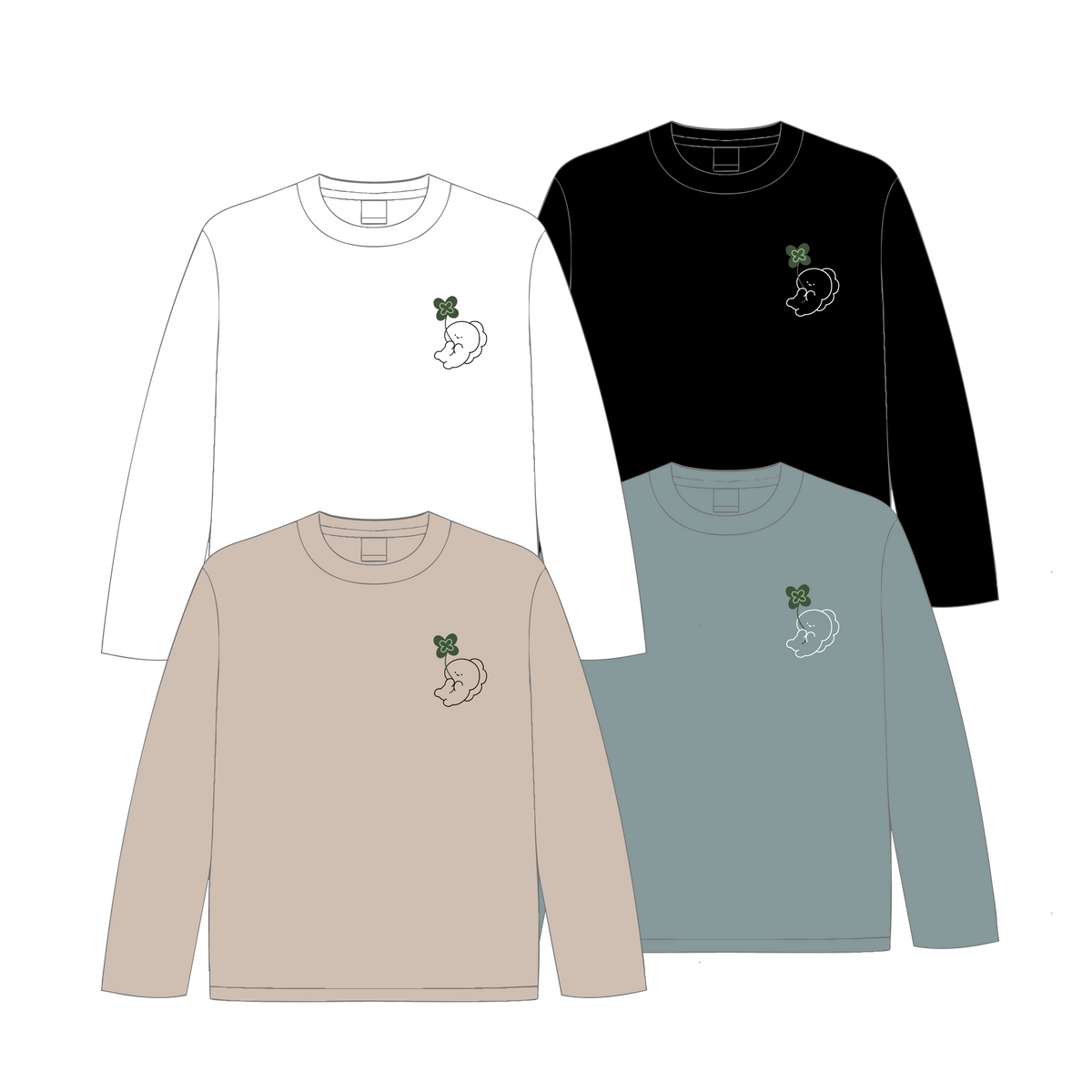【困りザウルス】幸せのクローバー🍀刺繍長袖Tシャツ【5月中旬発送】